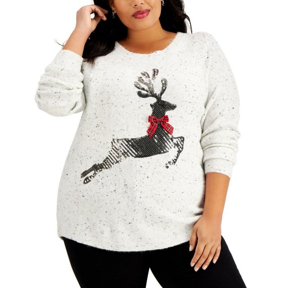 Karen Scott Sweaters - NWT Embellished Reindeer Christmas Sweater 1X Gray